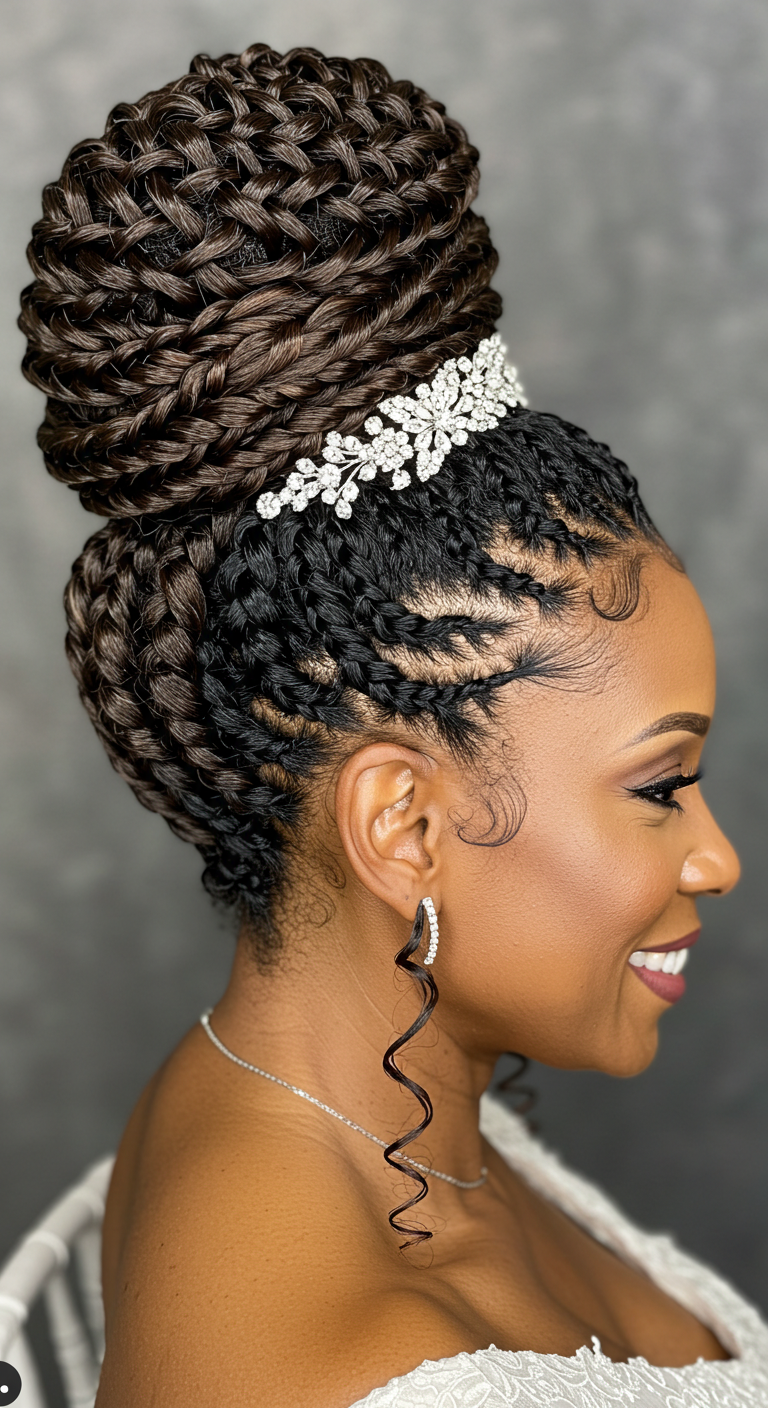 Side-Swept Cornrows into a Curly Bun – Wedding Hairstyles for Older Black Women