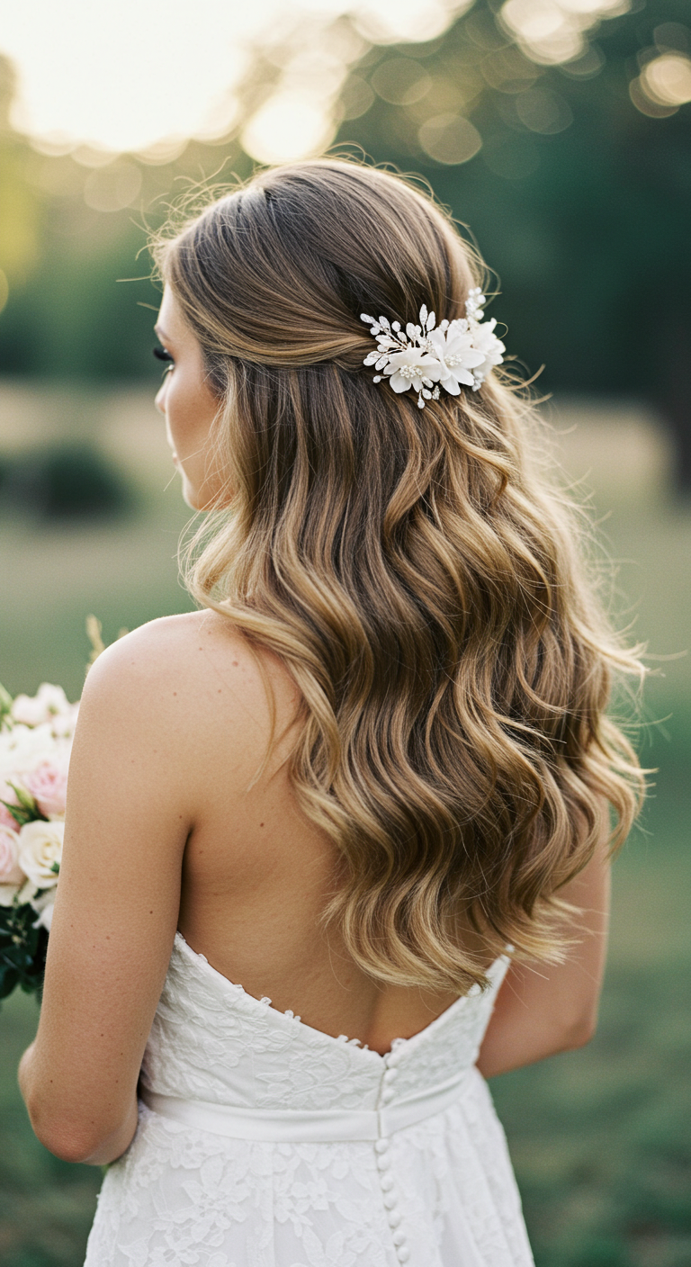 Side-Swept Curls with a Floral Clip Hair Down Wedding Look