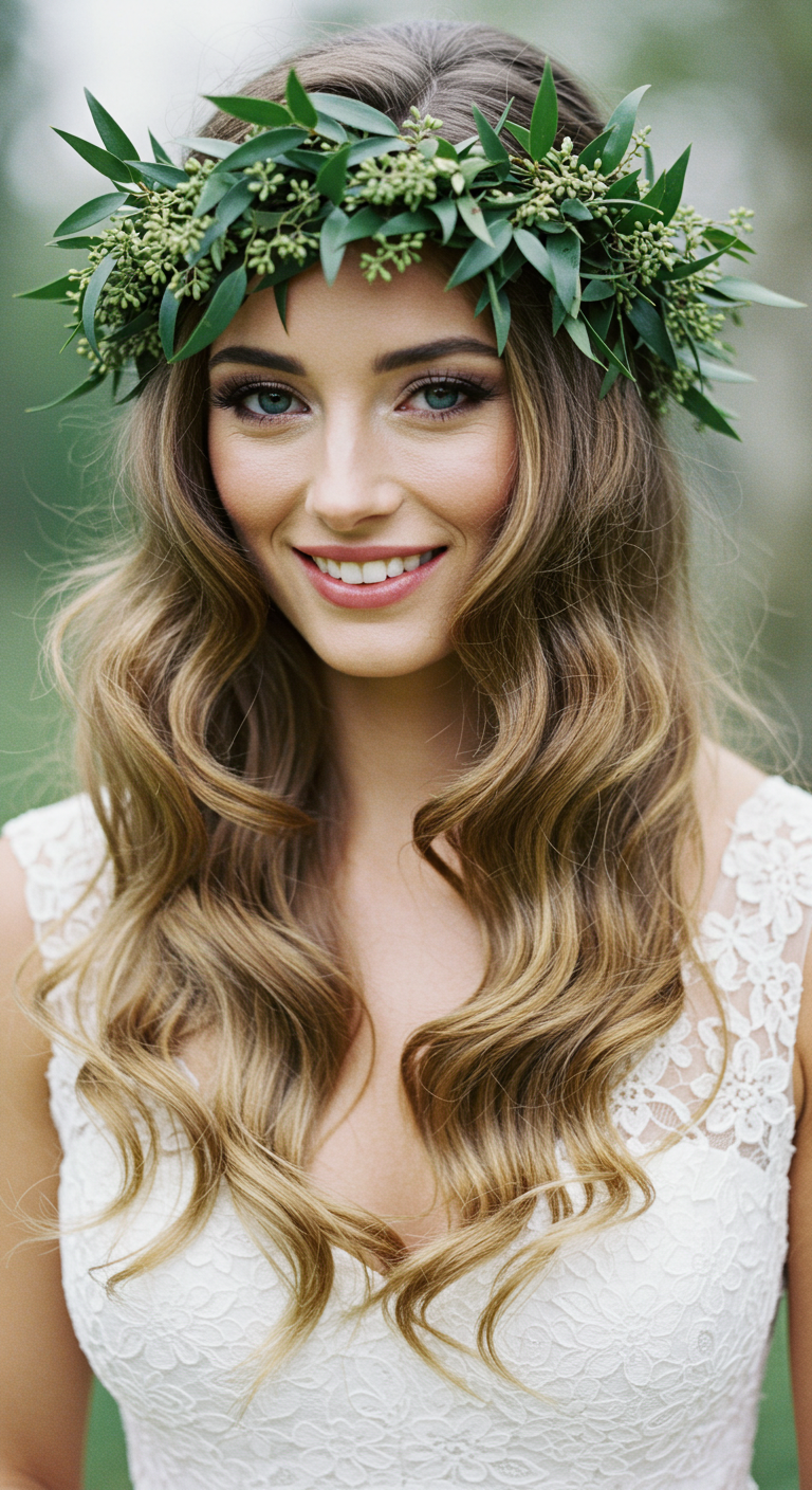 Side-Swept Waves with a Greenery Crown Hair Down Wedding Style