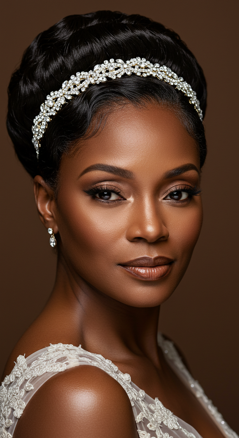 Silky Pressed Waves with a Crystal Headband – Wedding Hairstyles for Older Black Women