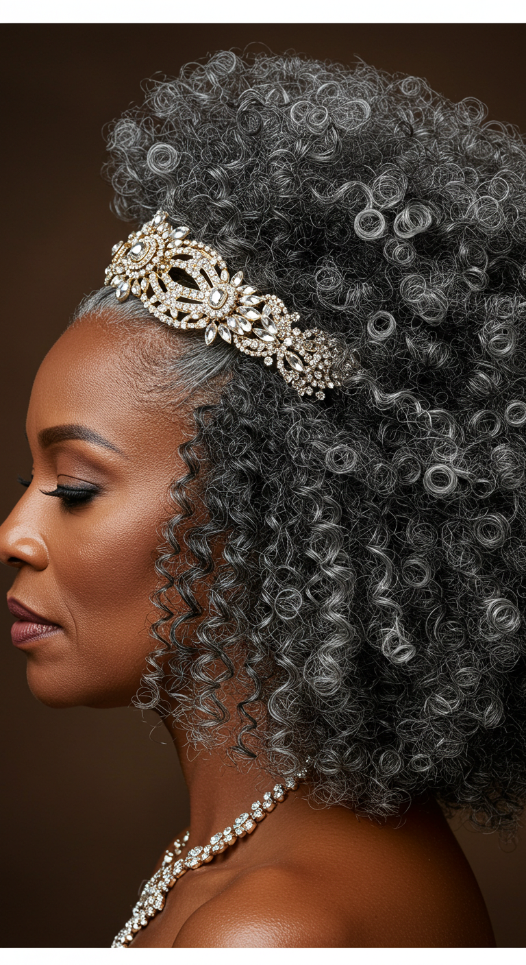 Silver Streaked Afro with a Regal Hairpiece – Wedding Hairstyles for Older Black Women