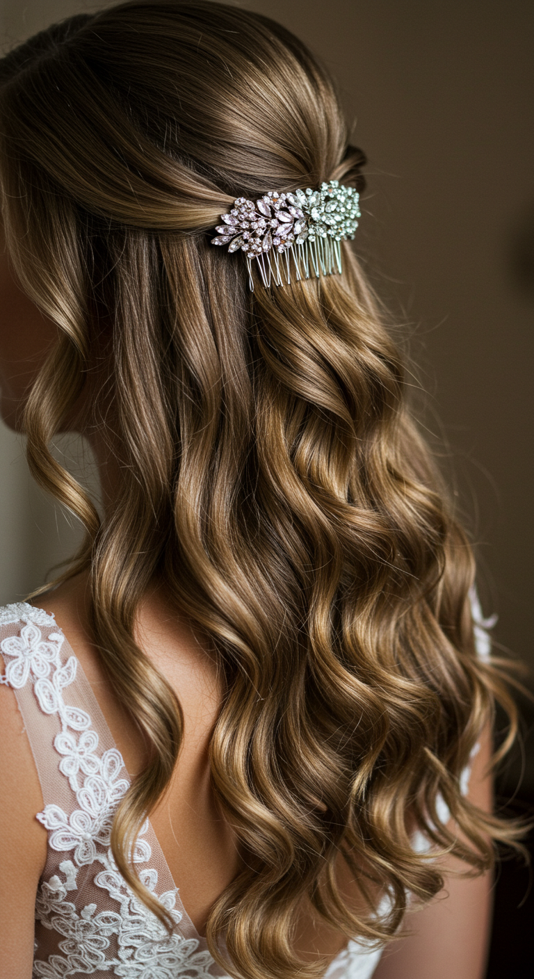 Simple Glossy Curls with a Jeweled Comb Hair Down Wedding Look