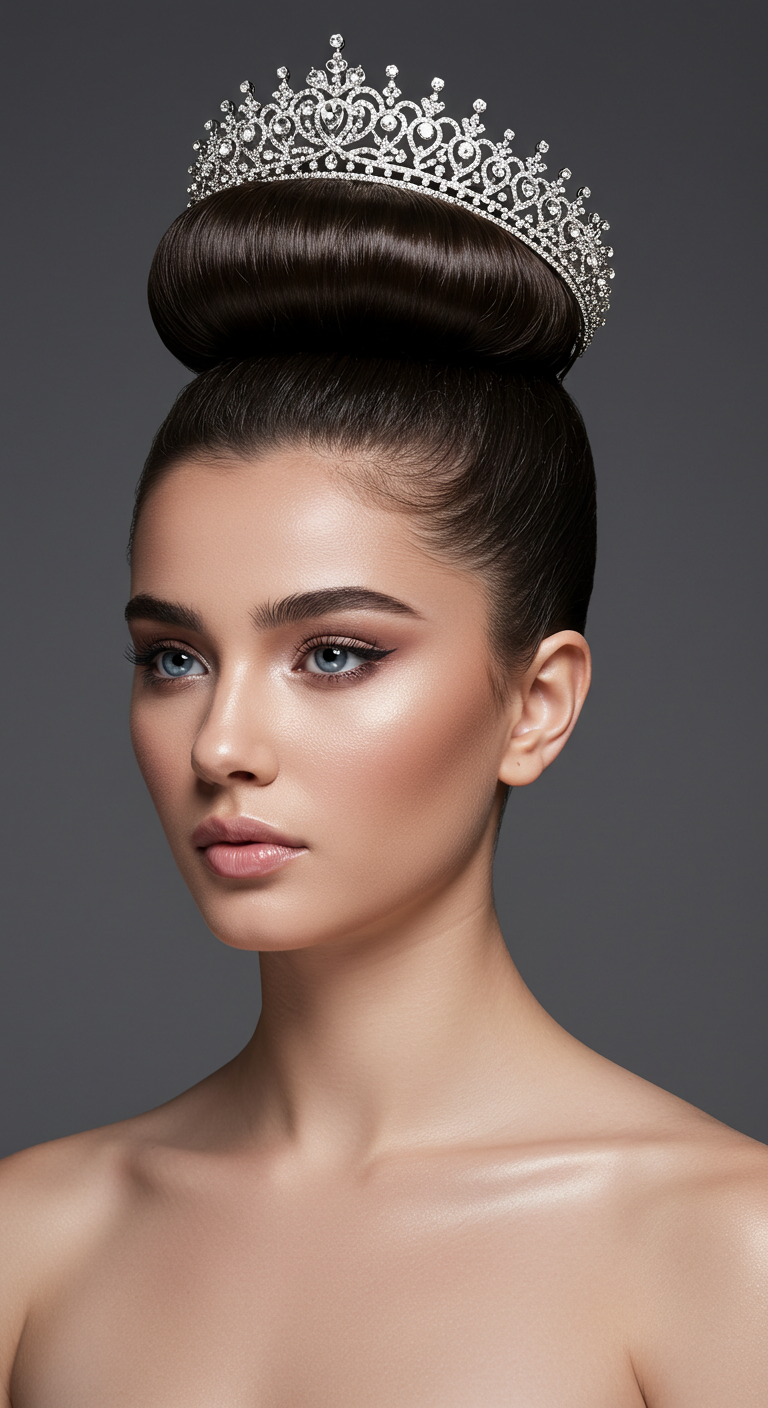 Sleek High Bun with a Sparkling Tiara