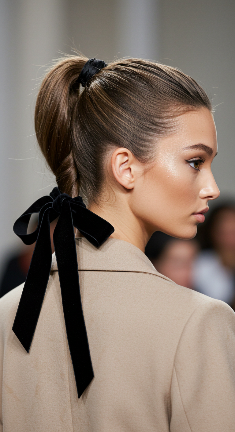 Sleek High Ponytail with a Velvet Ribbon