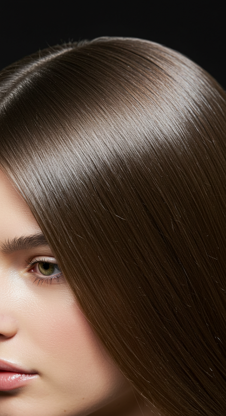 Sleek Straight Hair with a Middle Part and Glossy Finish