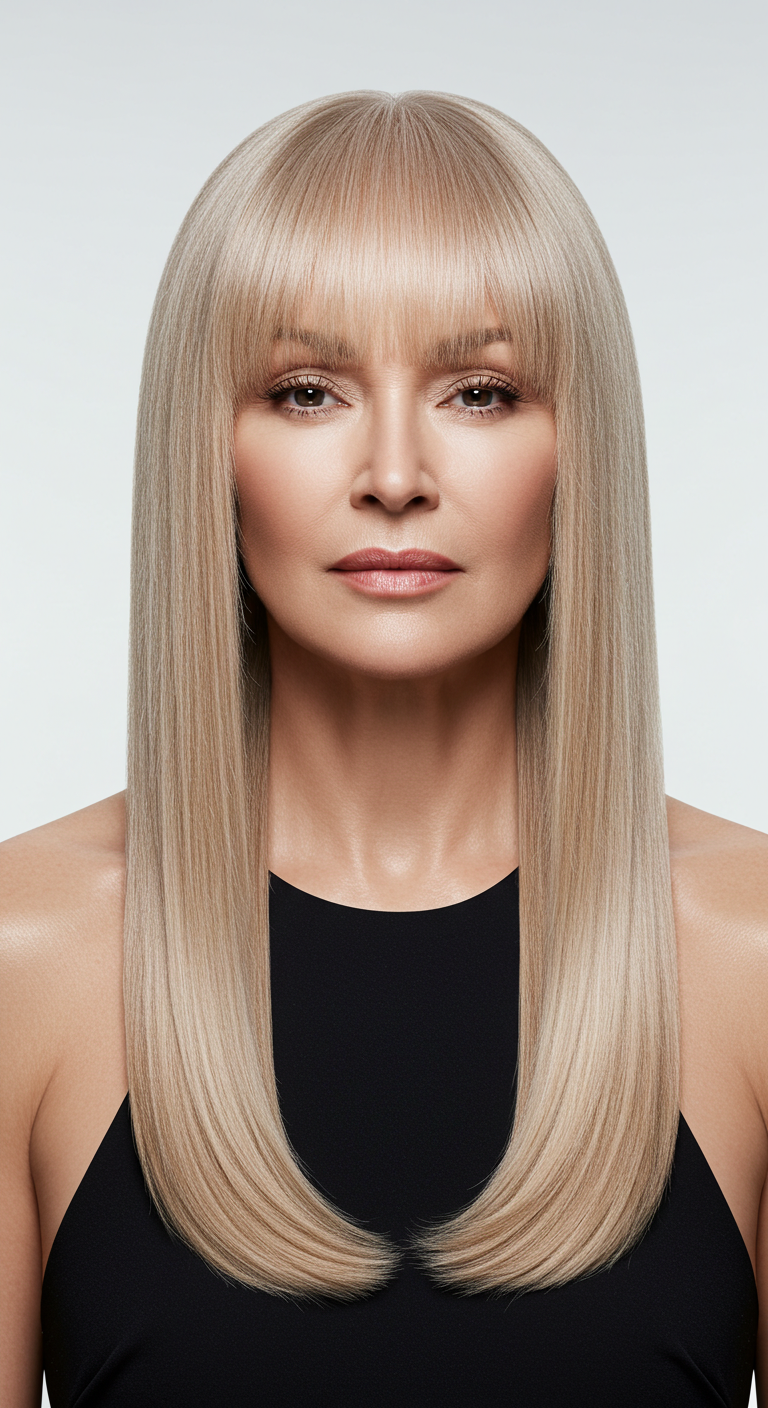 Sleek and Shiny Hair with Blunt Bangs for Older Women with Long Hair