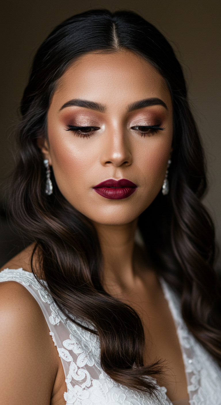 Soft Glam Bride Wearing Berry Red Lipstick
