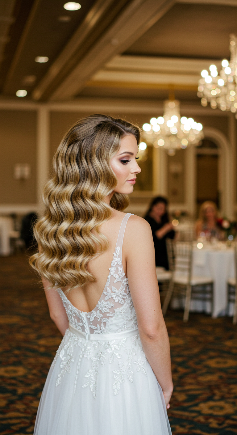 Soft Hollywood Waves Hair Down Wedding Look