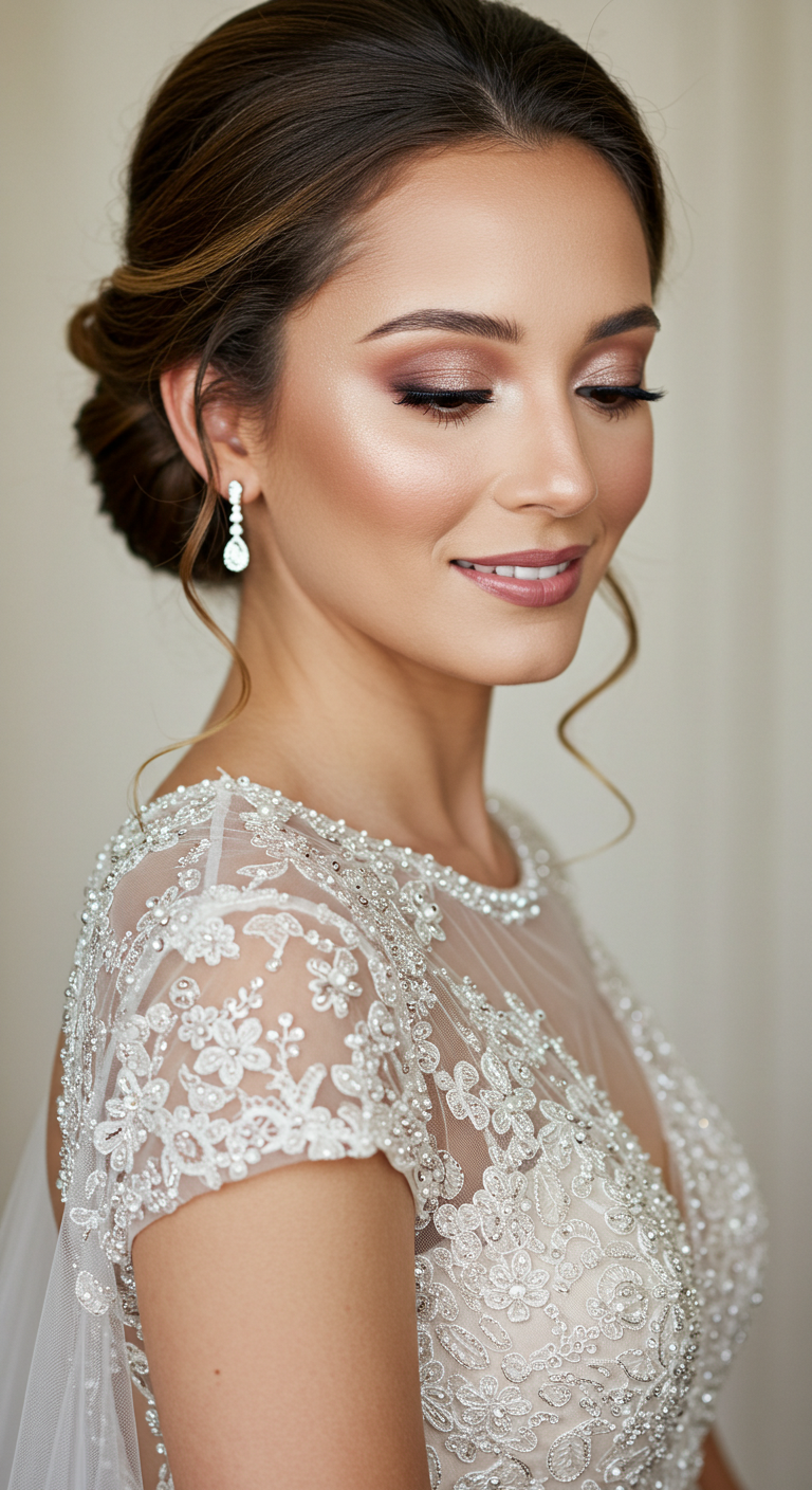 Sophisticated Bride with Neutral Eyeshadow and a Delicate Mauve Lip