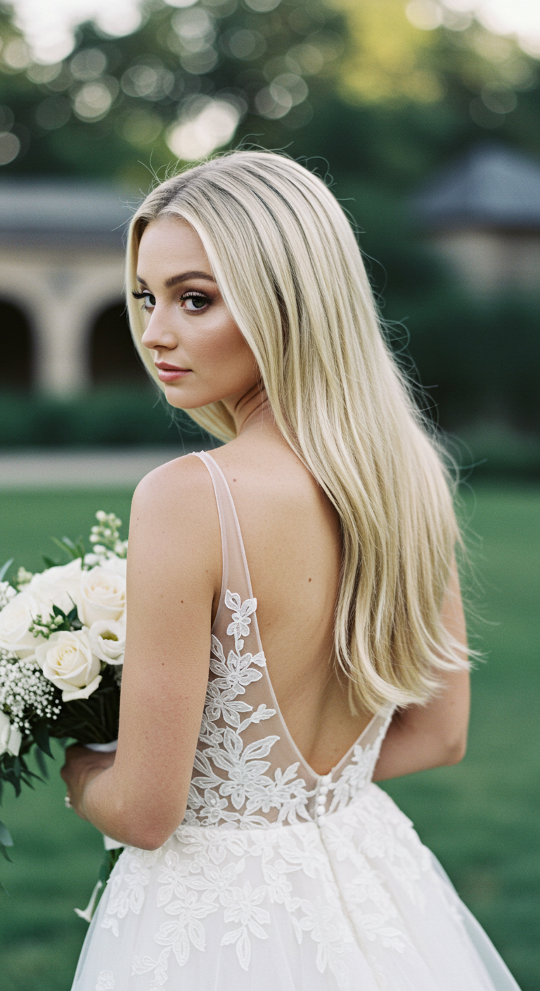 Straight and Sleek with a Center Part Hair Down Wedding Look