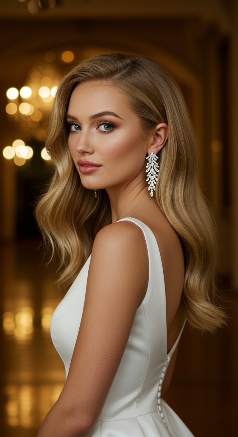 Straight with a Deep Side Part and Bold Earrings Hair Down Wedding Style