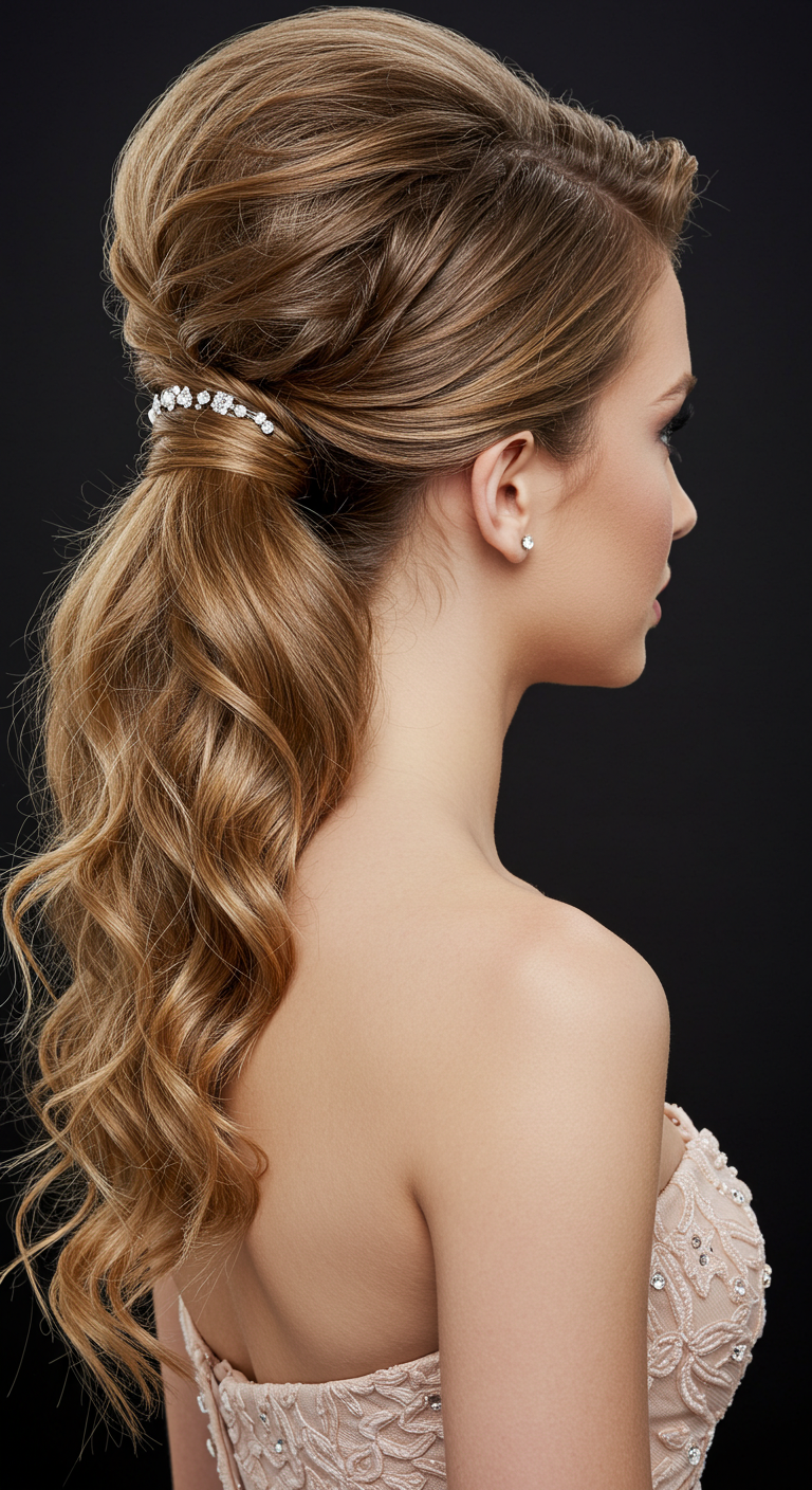 Textured Ponytail Prom Hairstyle for Strapless Dresses