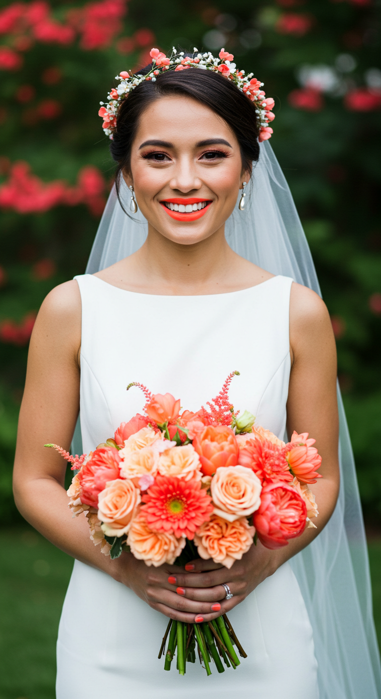 Trendy Bride Wearing Neon Orange Lipstick