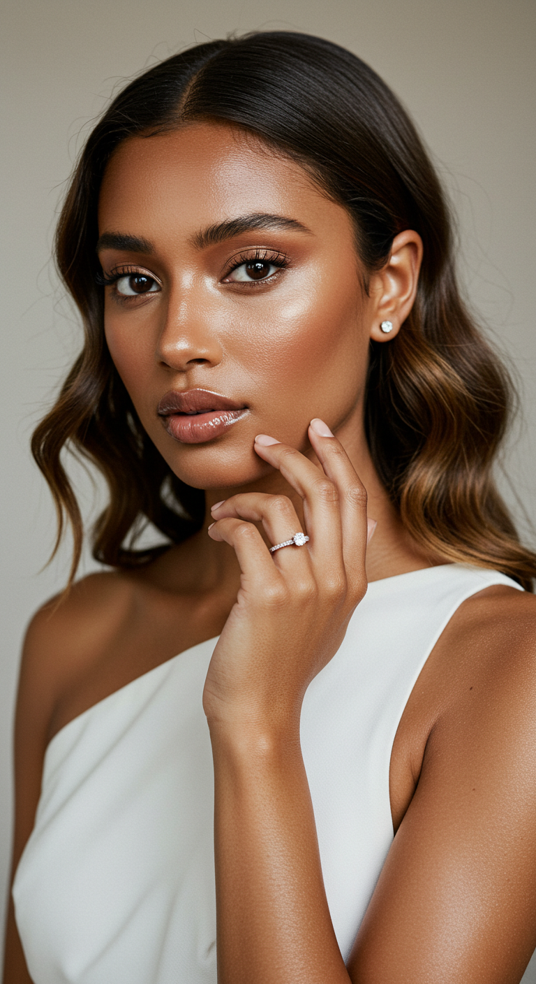 Trendy Bride with Light Bronzed Skin and Glossy Nude Lips