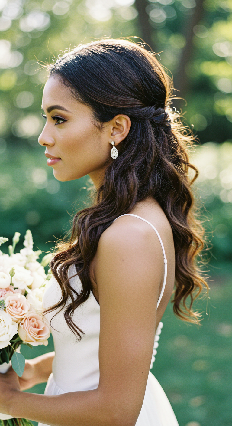 Twisted Half-Updo with Boho Waves Hair Down Wedding Look