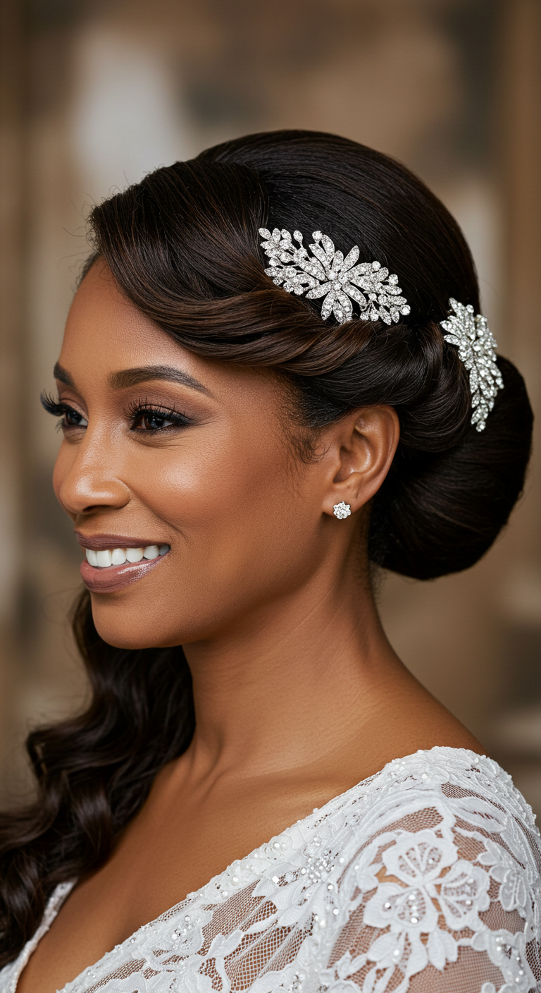 Twisted Side Bun with Rhinestone Clips – Wedding Hairstyles for Older Black Women