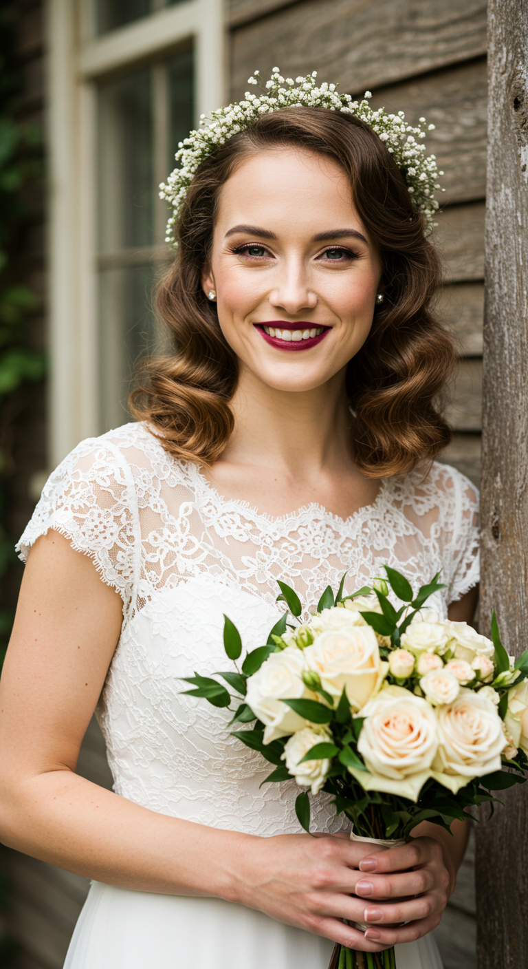 Vintage-Inspired Bride with Wine Red Lipstick