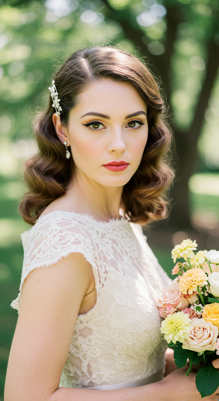 Vintage-Inspired Bride with Winged Liner and a Muted Rose Lipstick