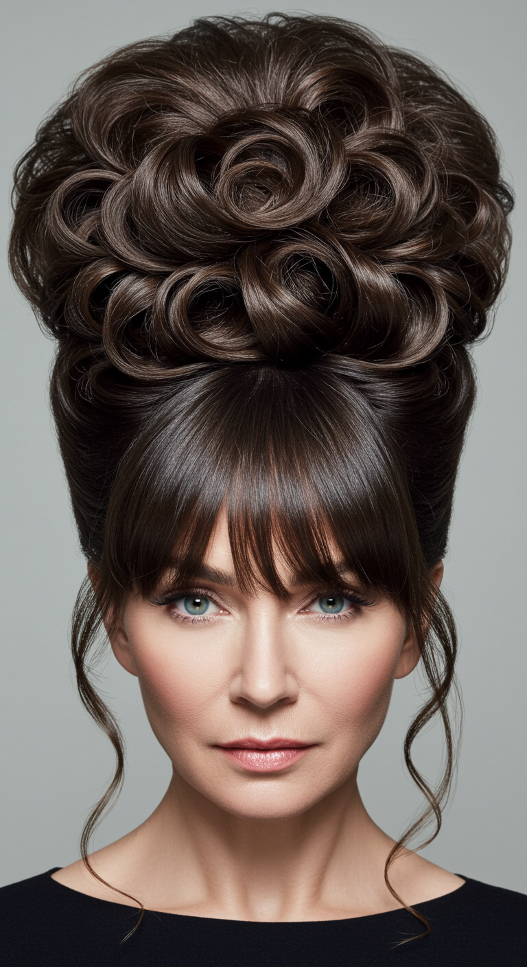 Voluminous Crown Updo with Bangs for Older Women with Long Hair