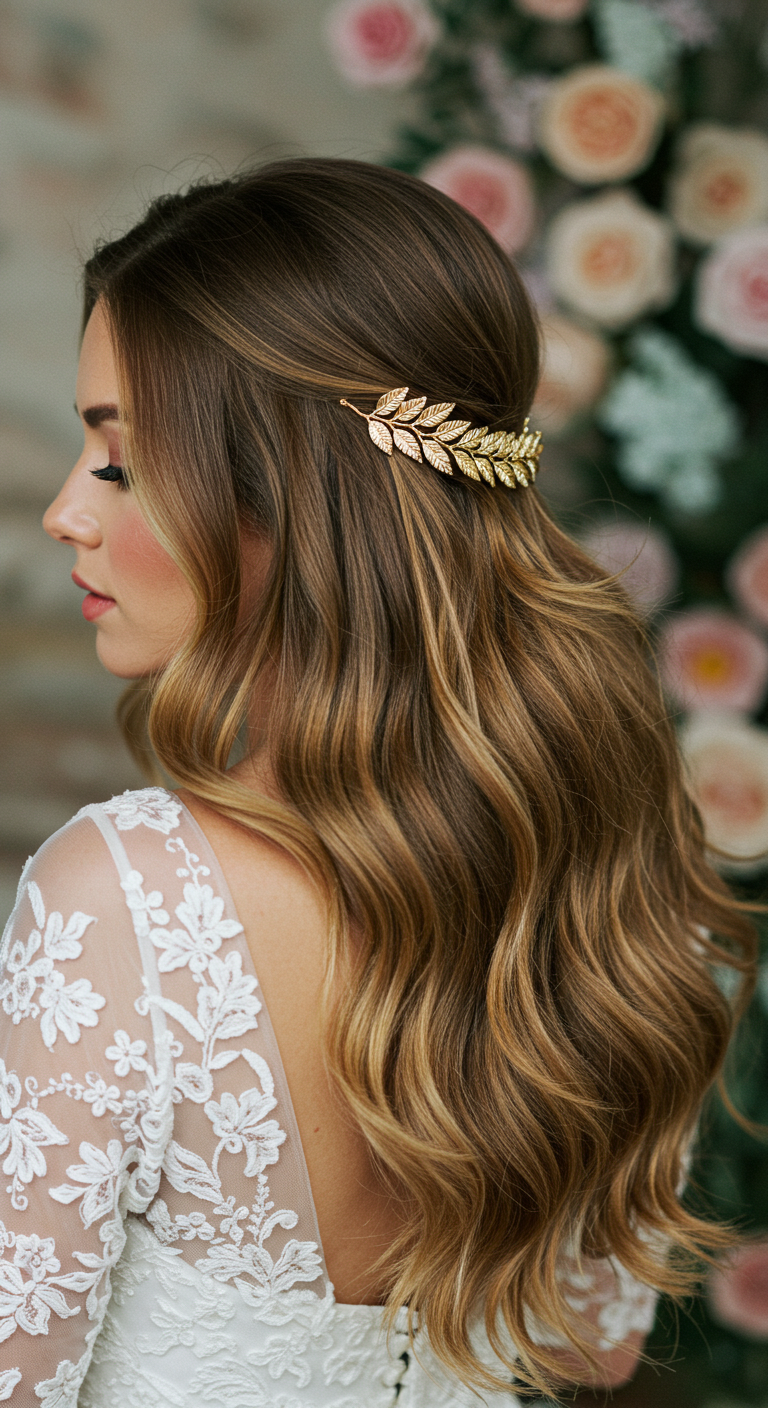 Wavy Hair with a Golden Leaf Accessory Hair Down Wedding Style