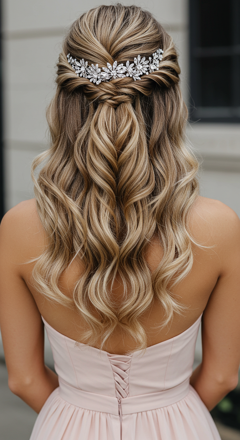 Wavy Half-Up Half-Down Prom Hairstyle for Strapless Dresses