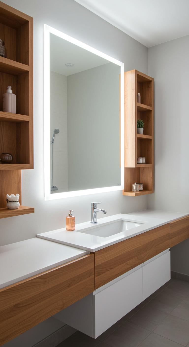 Bathroom with backlit vanity mirror and floating wood shelves