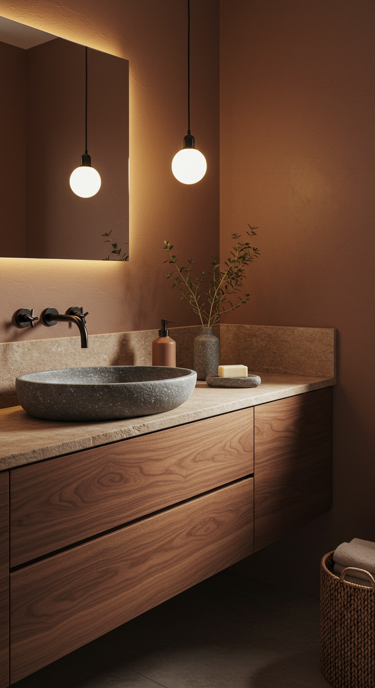 Bathroom with earthy tones, wood vanity, and stone accessories