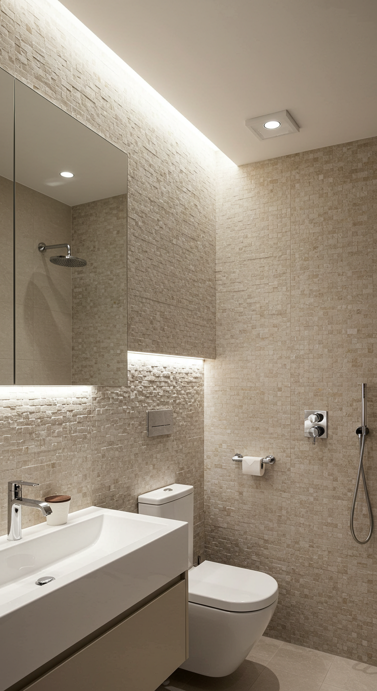 Bathroom with textured ceramic tiles and layered lighting