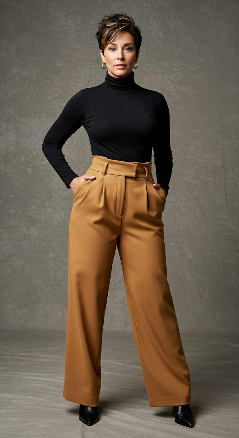 Black Turtleneck with High-Waisted Trousers for Women