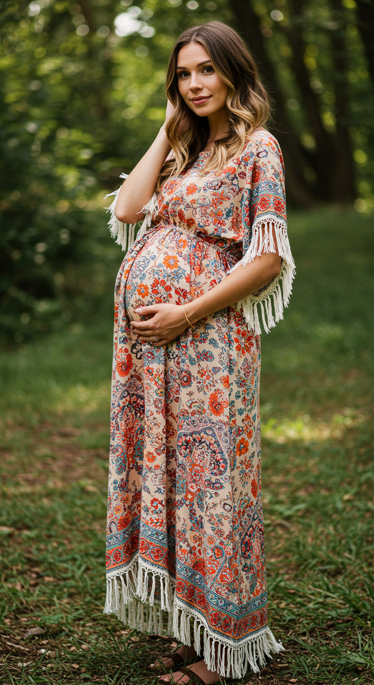 Bohemian Maxi Maternity Dress with Fringe