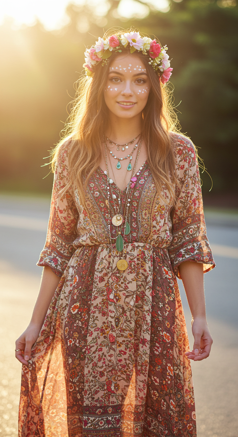 Boho Maxi Birthday Outfit with Flower Crown and Glowing Natural Skin