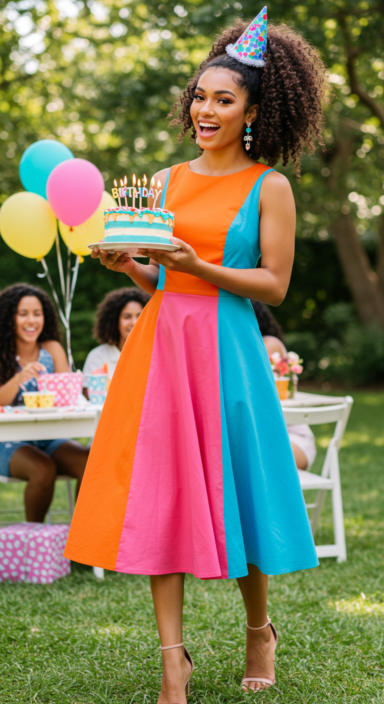 Color Block Midi Birthday Outfit with Curly High Ponytail