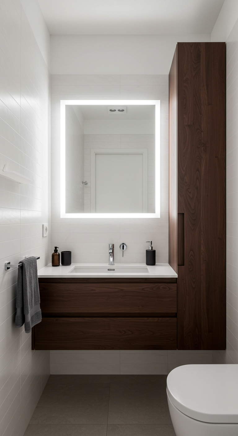 Compact bathroom with floating vanity, backlit mirror, and vertical storage