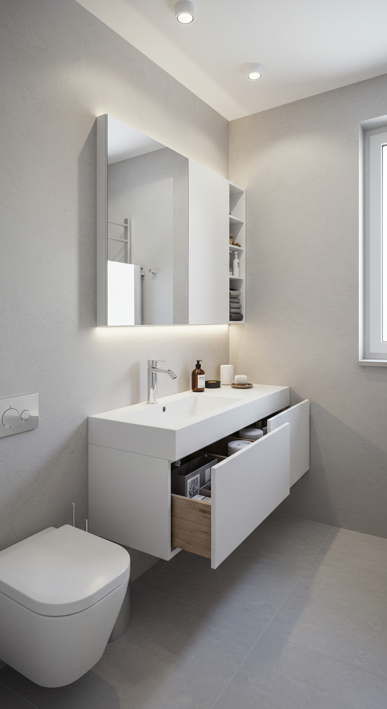 Compact space with hidden drawers and minimalist floating vanity