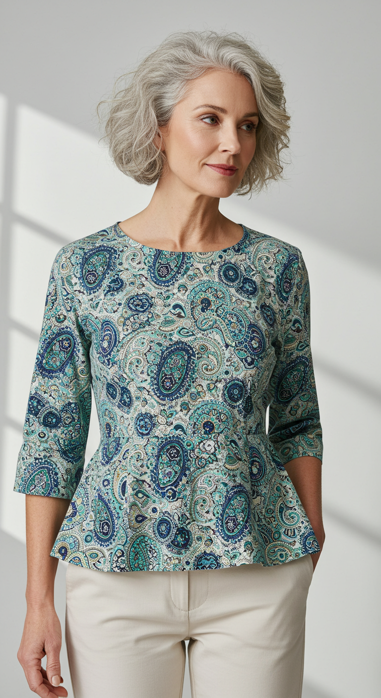 Cotton peplum top with subtle prints for women