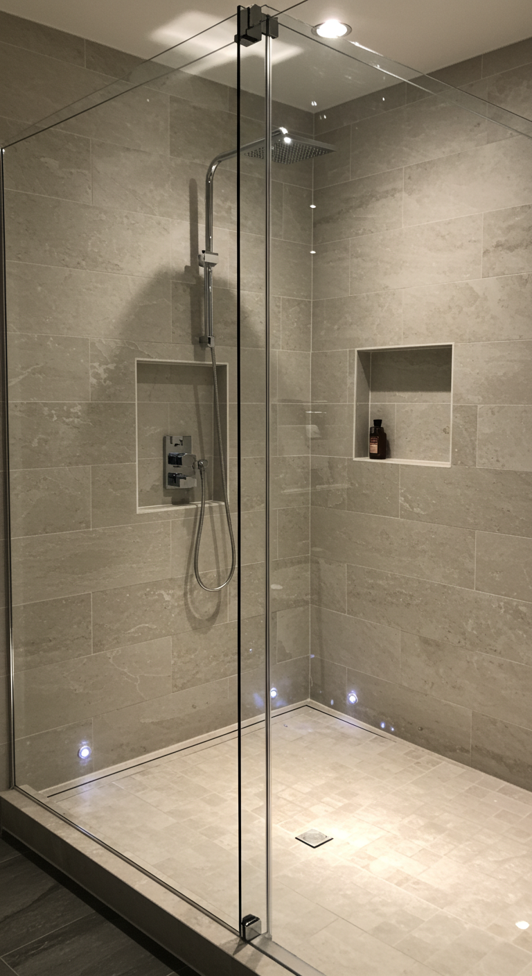 Curbless shower with neutral tiles and floor-to-ceiling glass enclosure