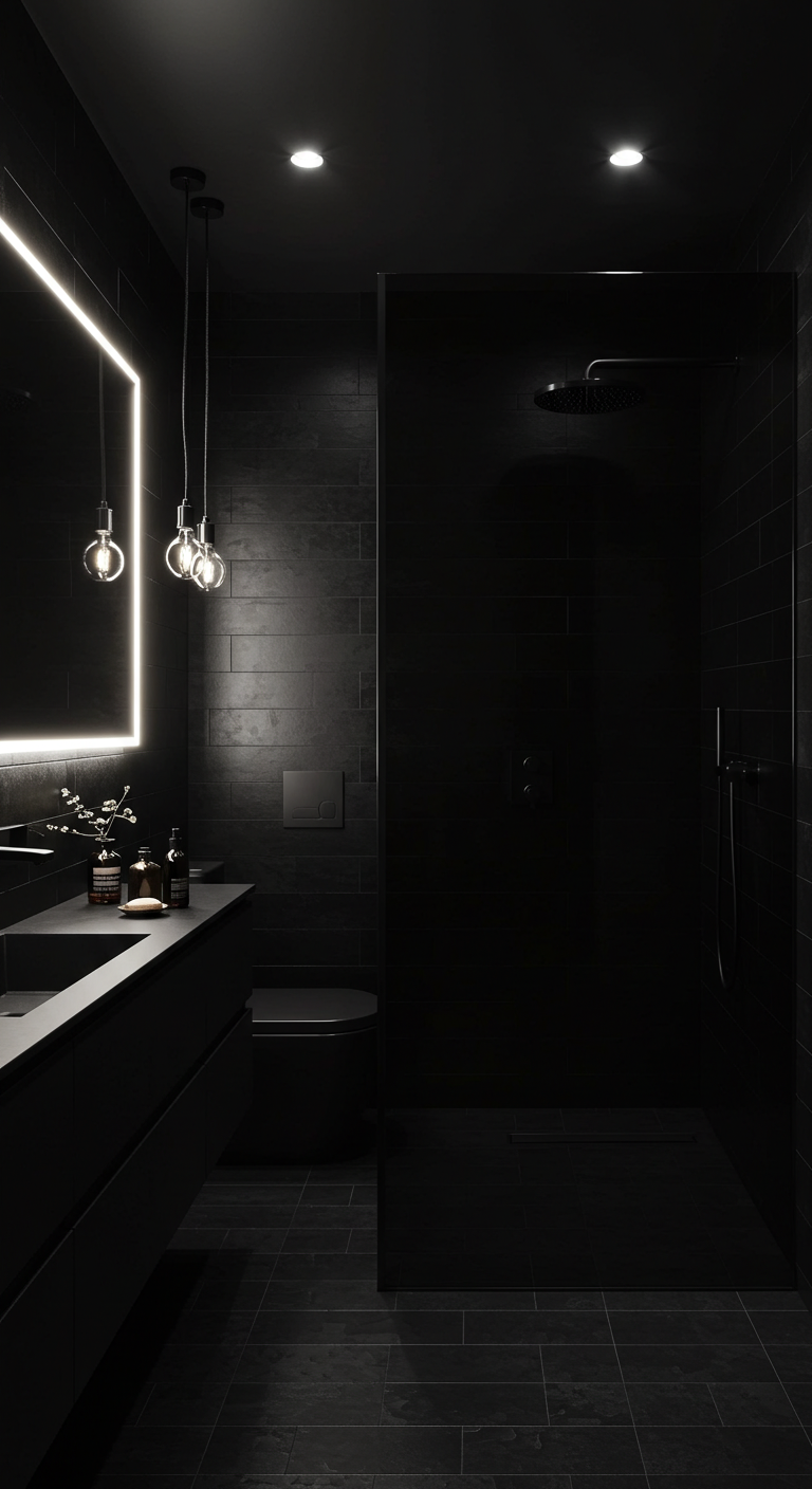 Dark modern bathroom with black tiles, smoked glass, and moody lighting