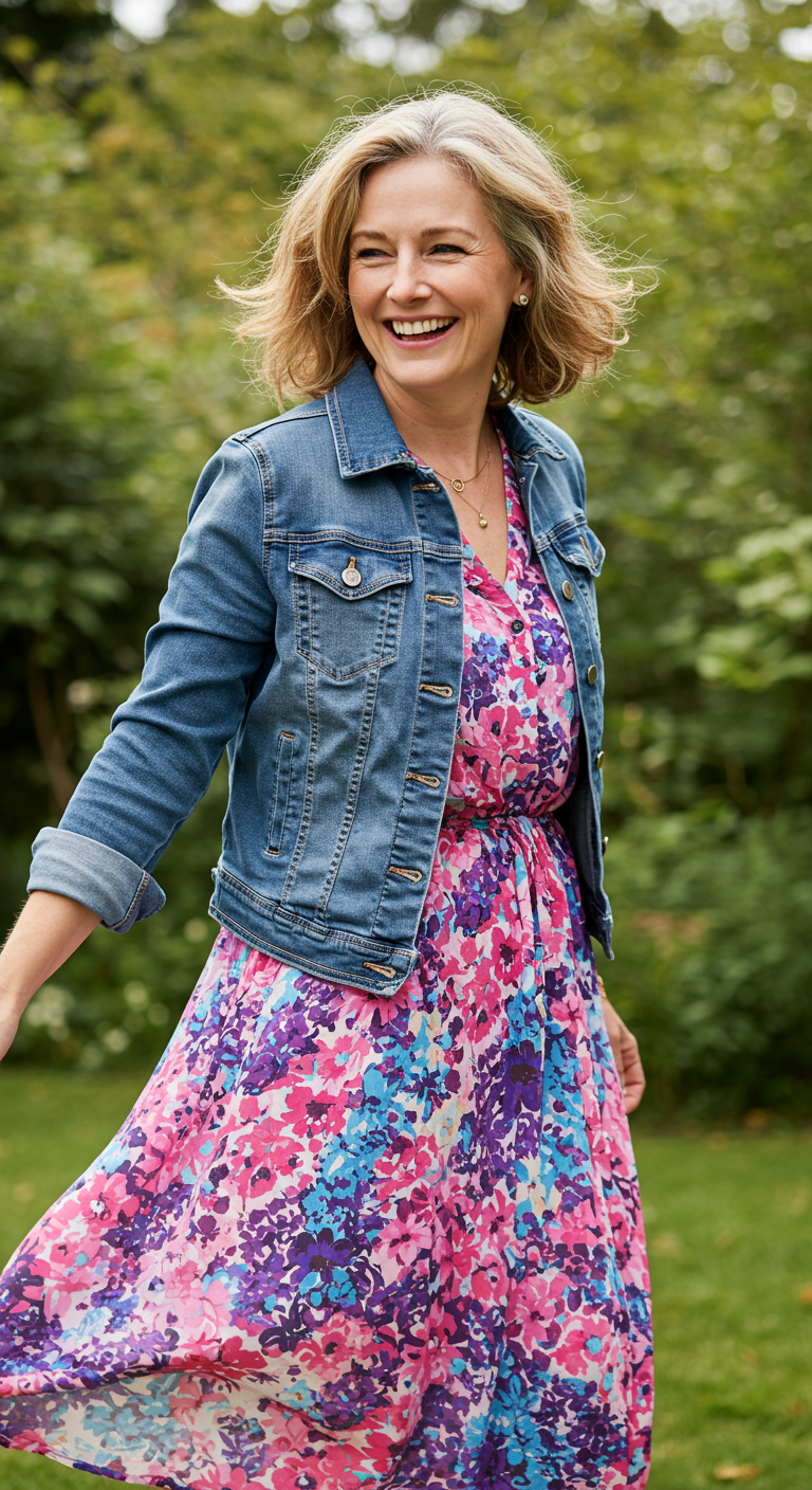 Denim Jacket Over Flowy Dress for Wome