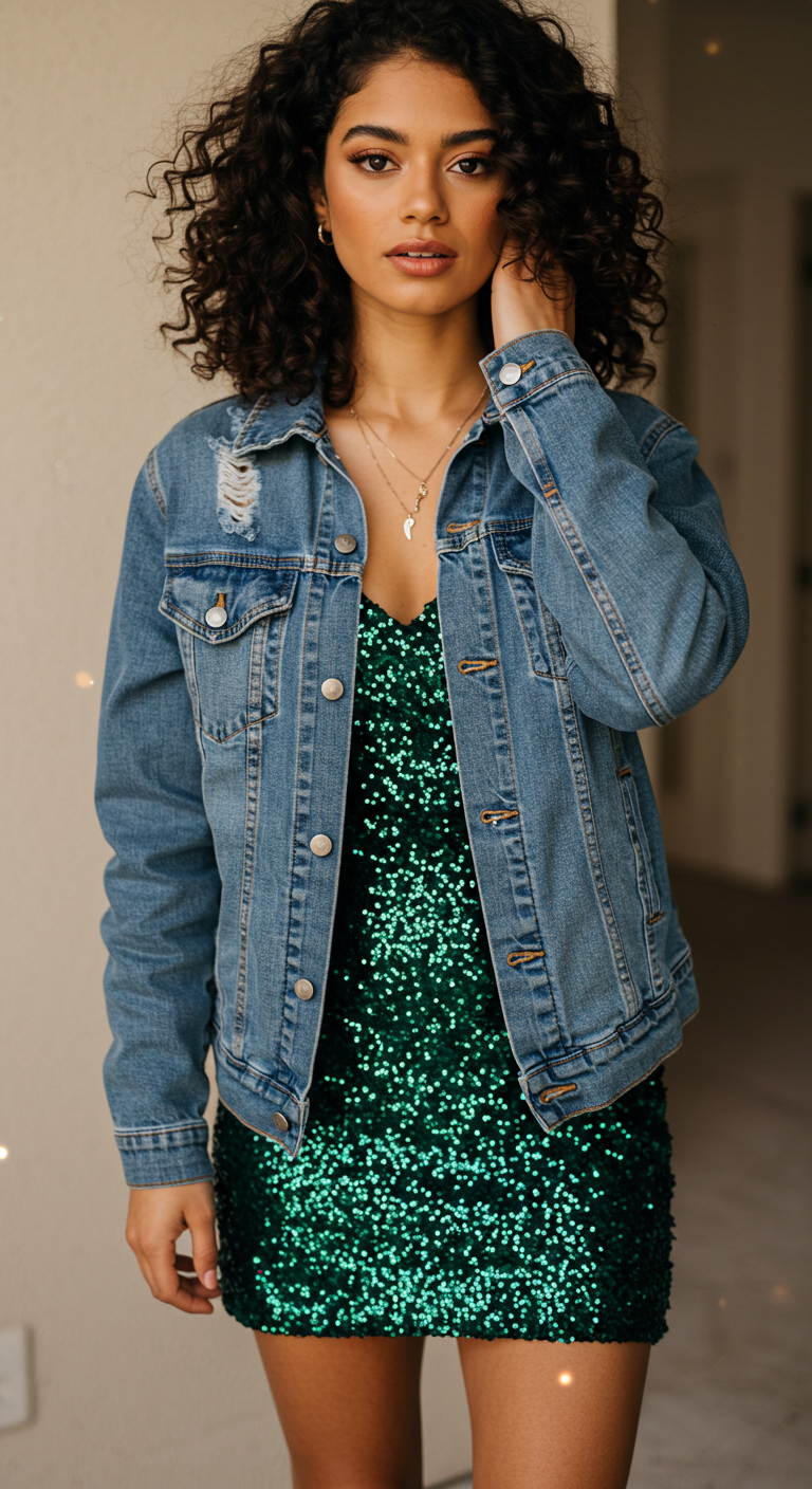 Denim Jacket Over Sparkly Mini Dress Birthday Outfit with Natural Waves