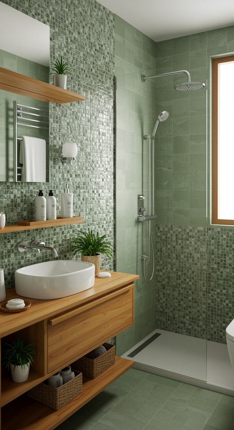 Eco-friendly bathroom with bamboo shelves, recycled tile, and low-flow fixtures
