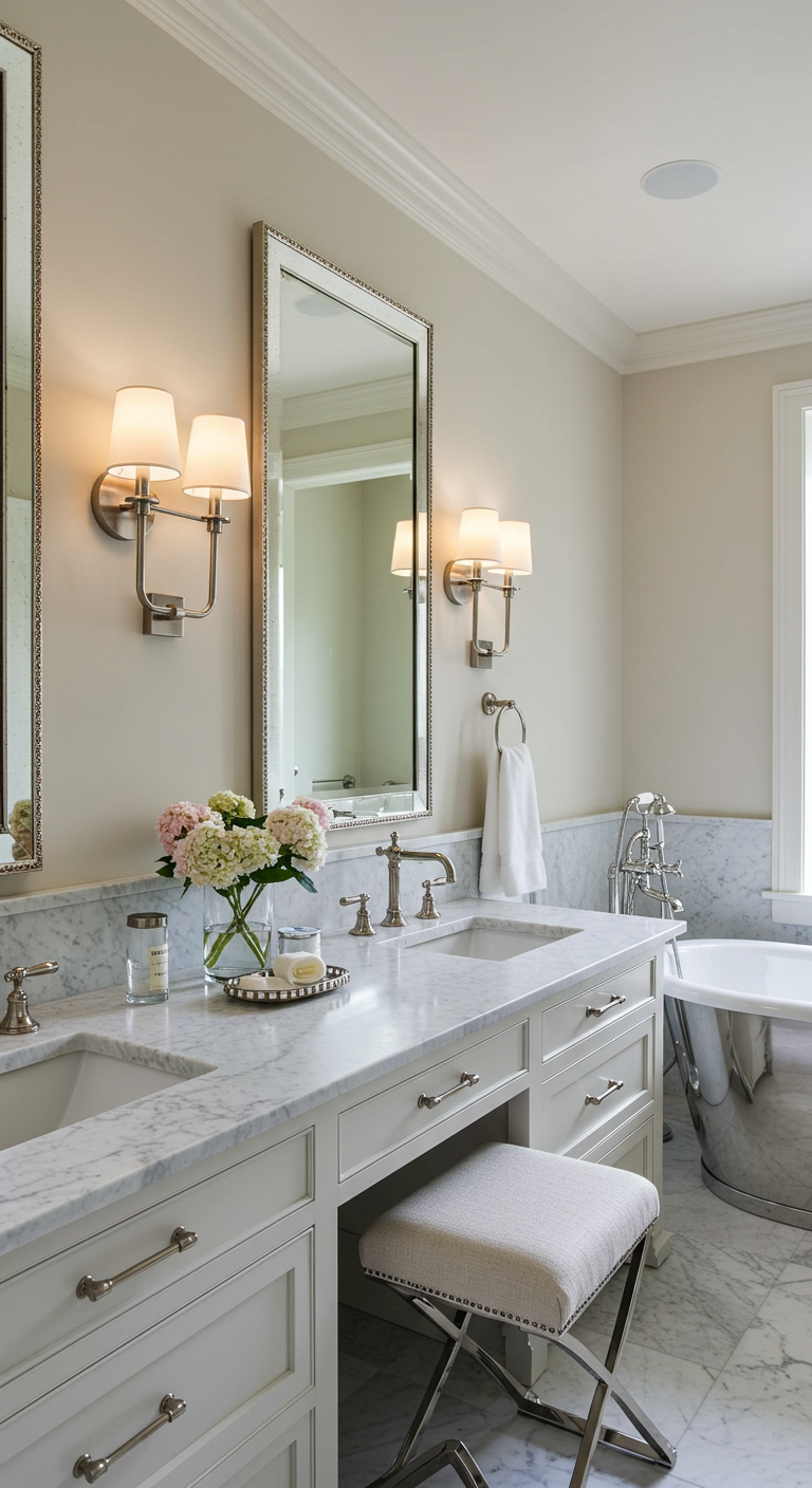 Elegant master bath with dual sinks, wall sconces, and marble countertops