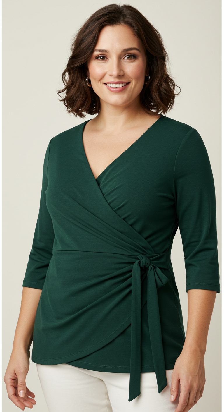 Faux wrap top with mid‑length sleeves – tummy‑flattering for women