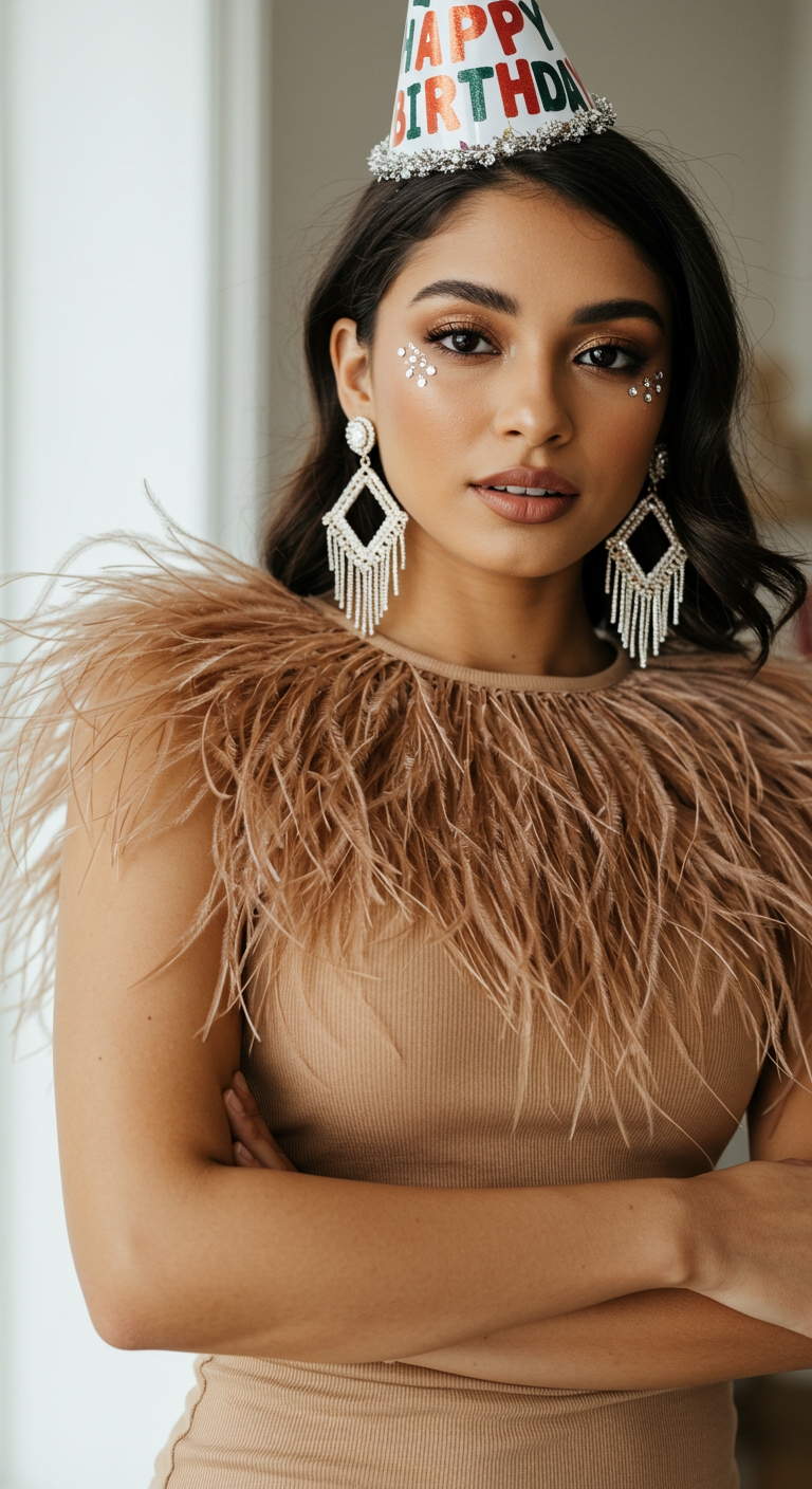 Feathery Fringe Birthday Outfit with Sparkly Earrings and Metallic Eyes