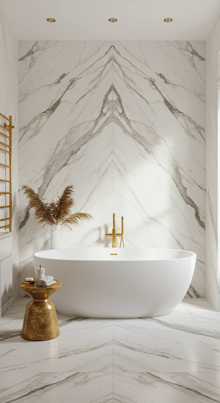 Freestanding oval tub in a marble-clad master bathroom with gold fixtures