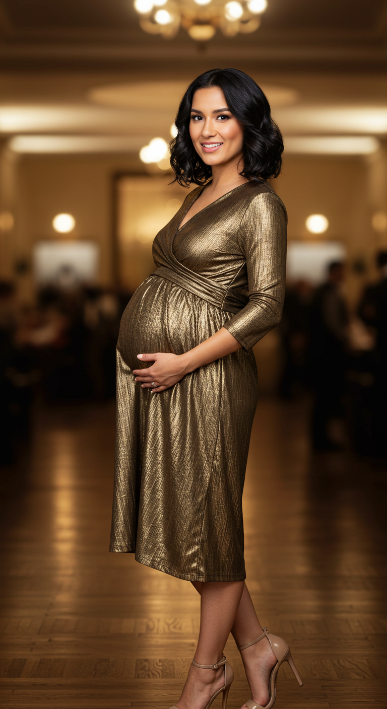 Gold Metallic Maternity Midi Dress