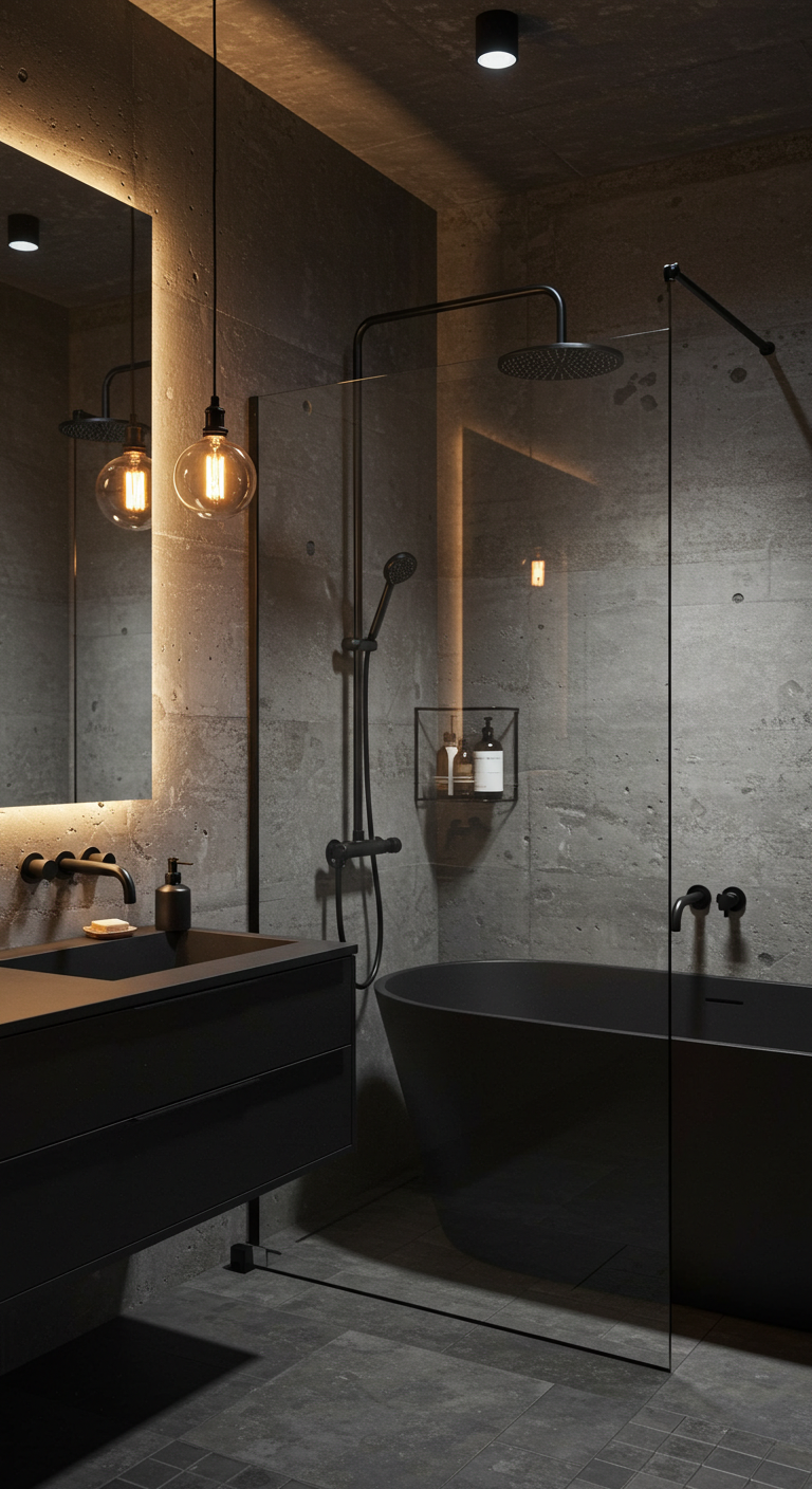 Industrial bathroom with matte black fixtures and concrete walls