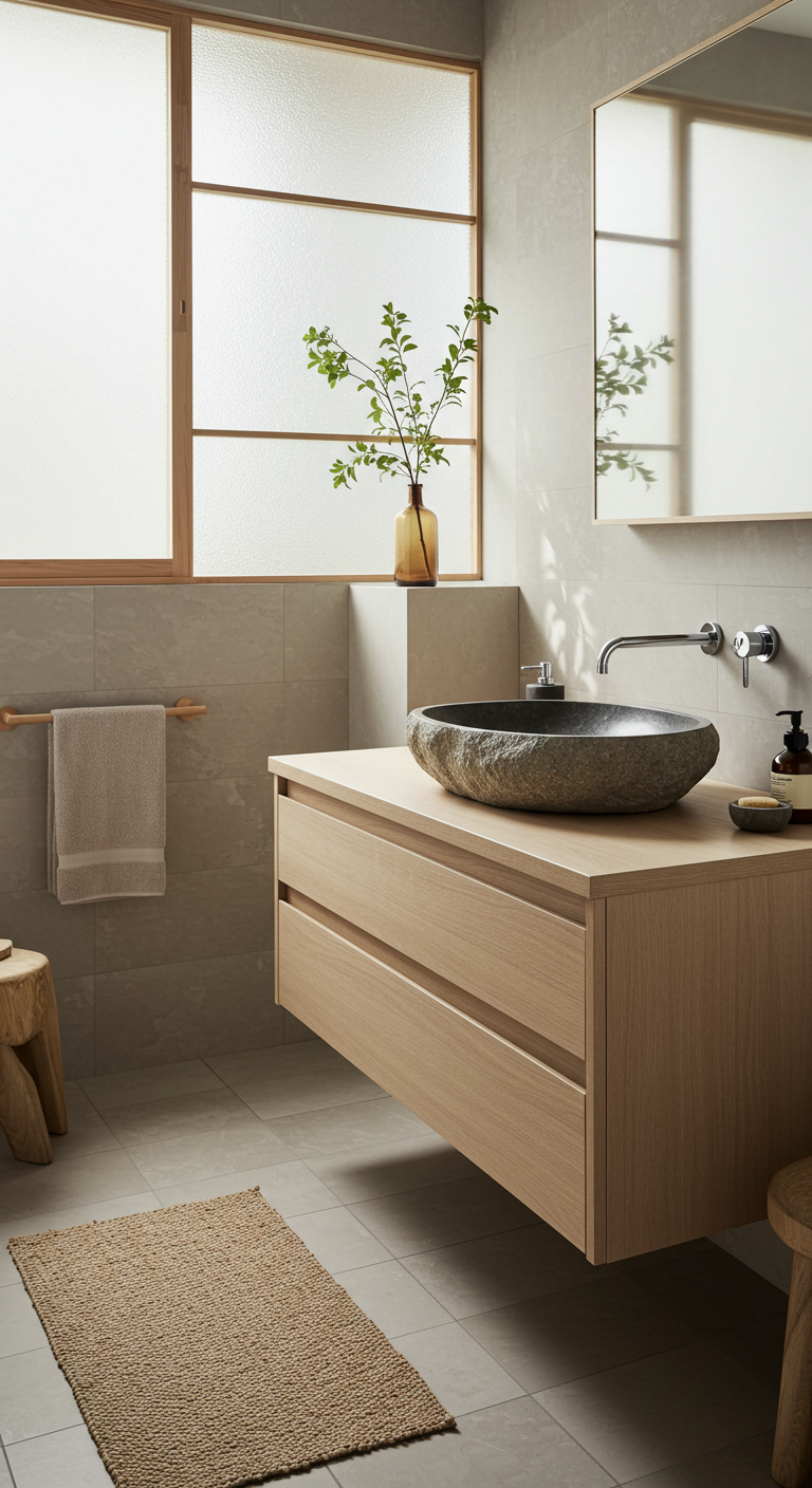 Japandi bathroom with light wood vanity, stone basin, and minimal decor