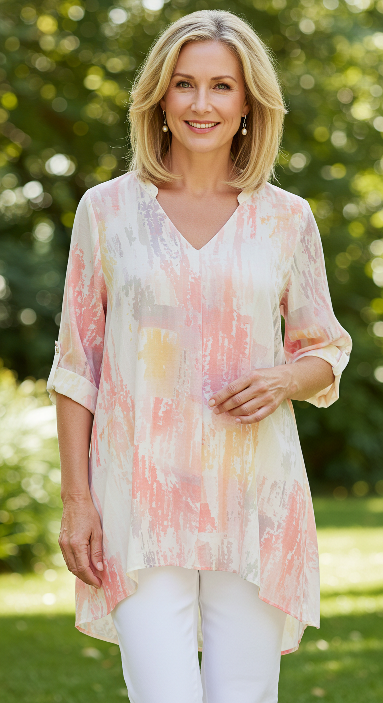 Lightweight chiffon tunic top with V-neck for women