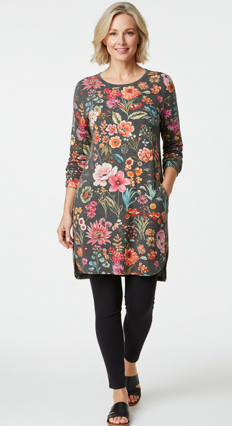 Long floral tunic top with leggings – tummy-concealing top for women