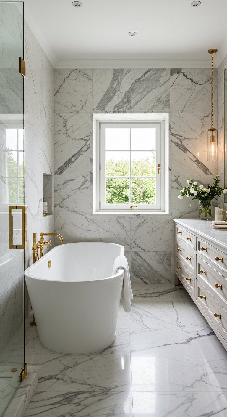Master bath with floor-to-ceiling marble and freestanding soaking tub